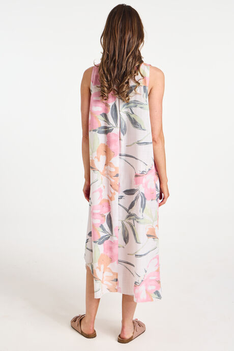 Large Floral Print Linen Look Pocket Dress
